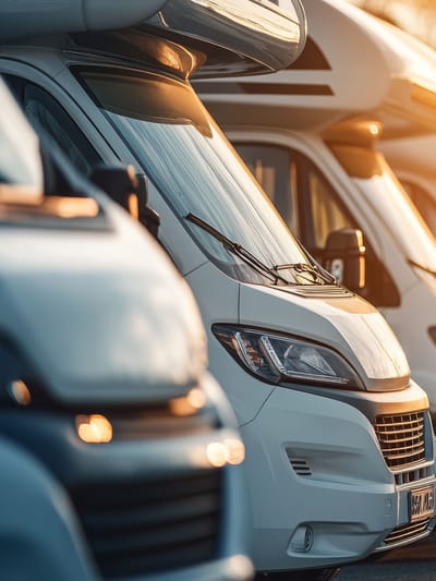 a row of RVs at an RV dealership to showcase the best time to buy an RV